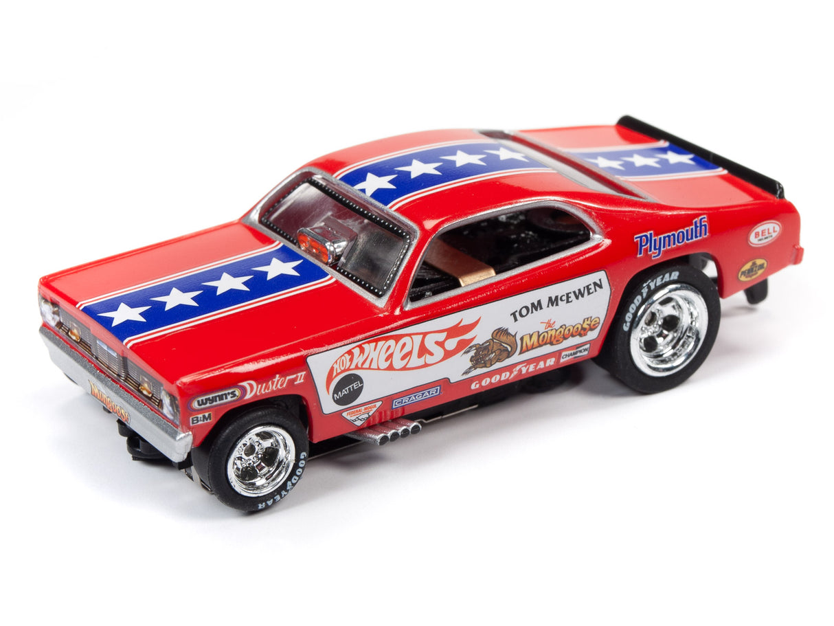 Red slot car dragster toy car with stars and American flag design for Auto World SRS330