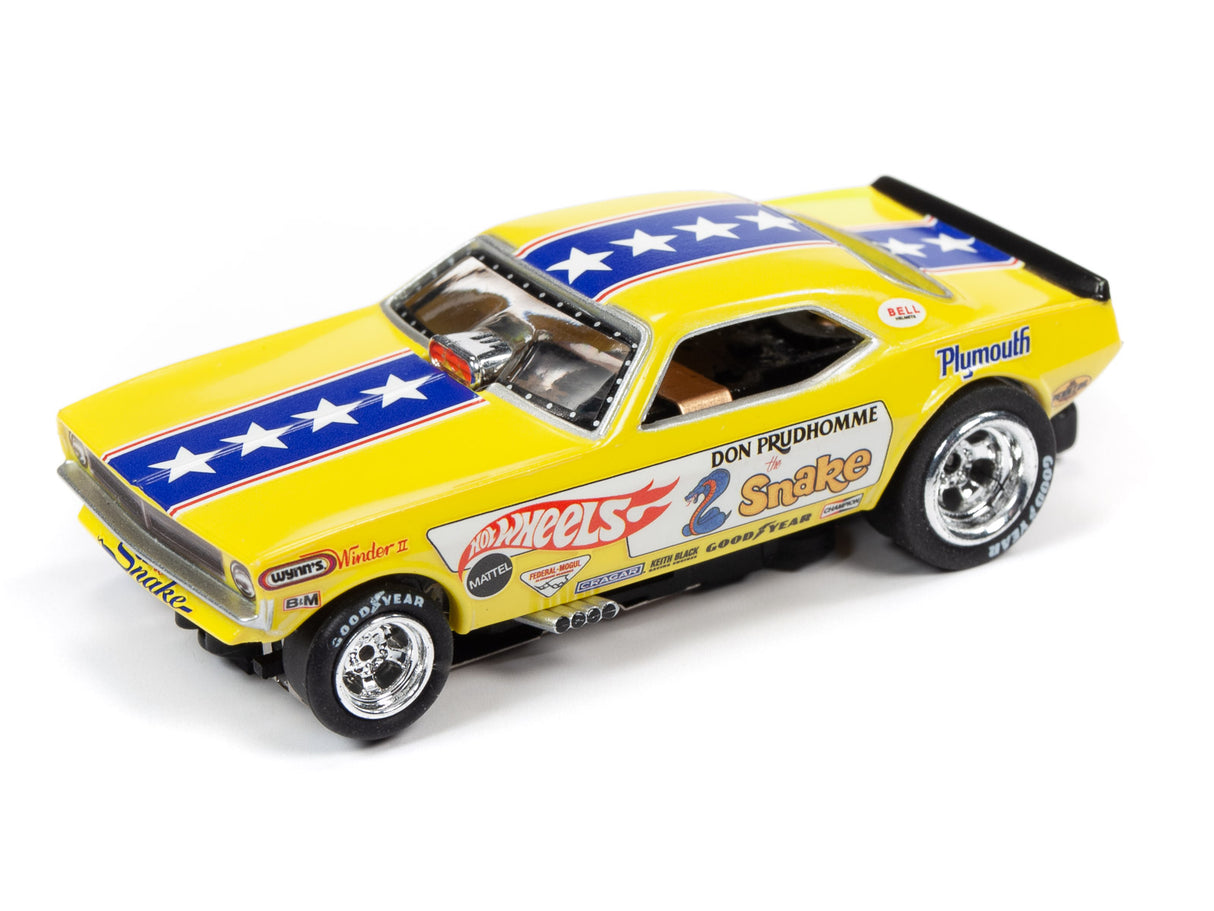 Yellow dragster toy car with blue stars, representing "Snake." for Auto World SRS330