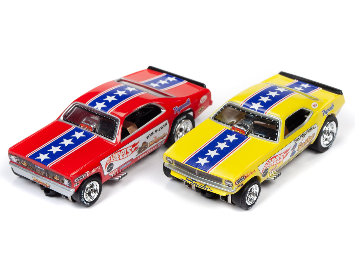 Red and yellow drag race cars, miniature scale models, side-by-side for Auto World SRS330