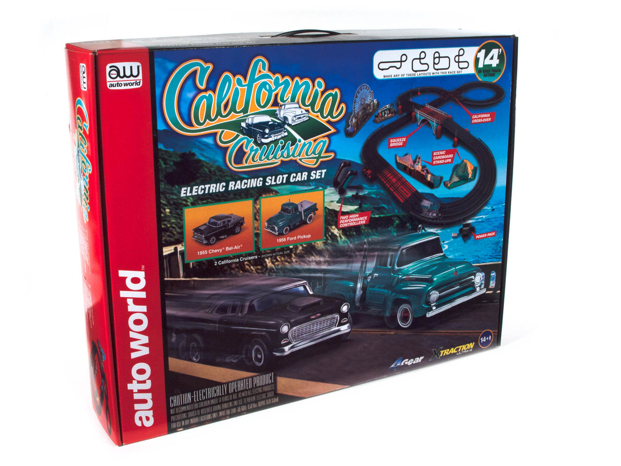 Toy car set box featuring classic California vehicles for electric racing for Auto World SRS331