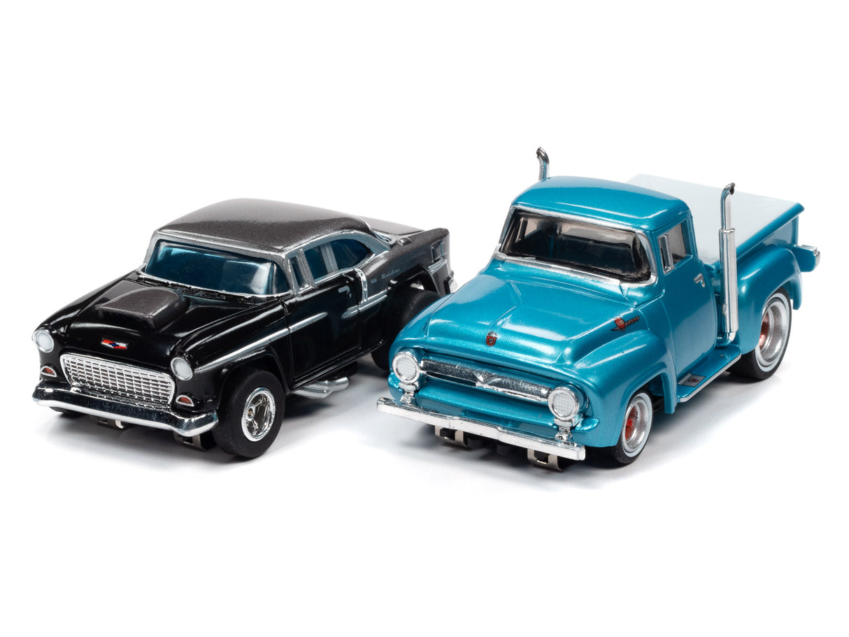 Black sedan and blue pickup truck model cars on white background for Auto World SRS331