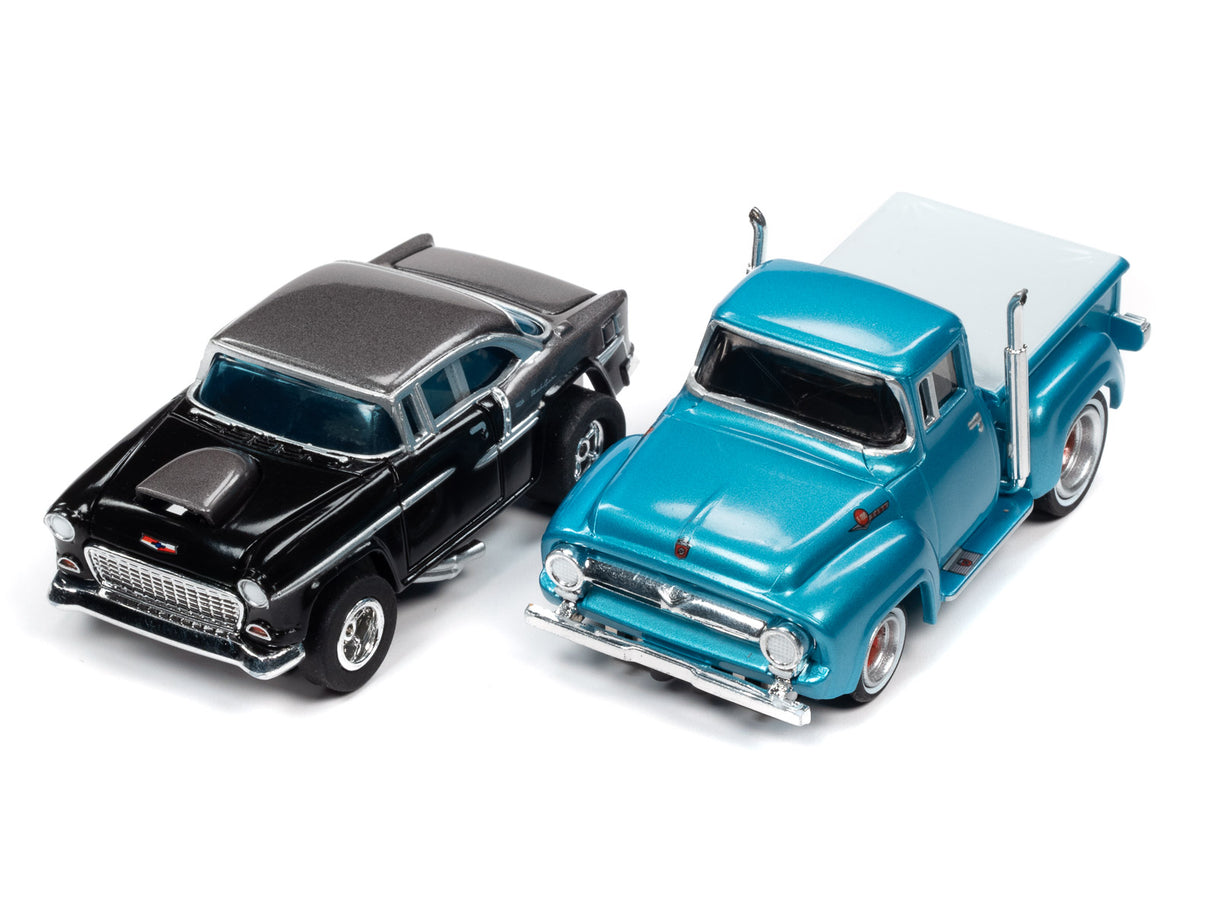 Black and teal scale model cars on white background for Auto World SRS331