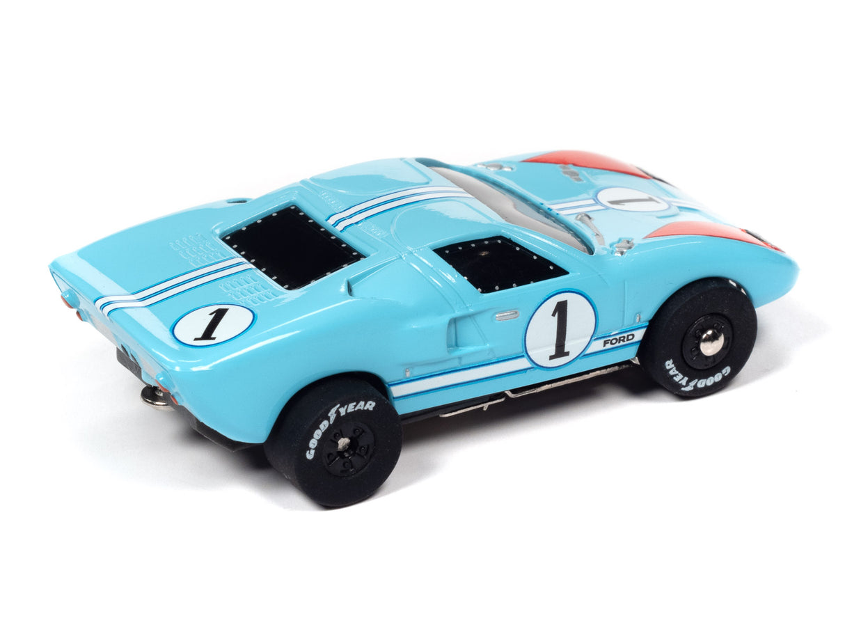 Blue and red race car toy with "1" on the side for Auto World SRS333