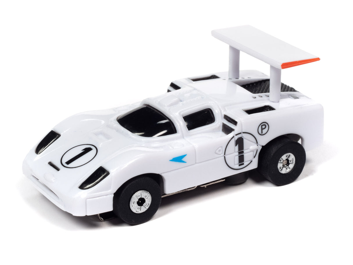 White race car toy with a deployable spoiler, representing endurance racing for Auto World SRS333