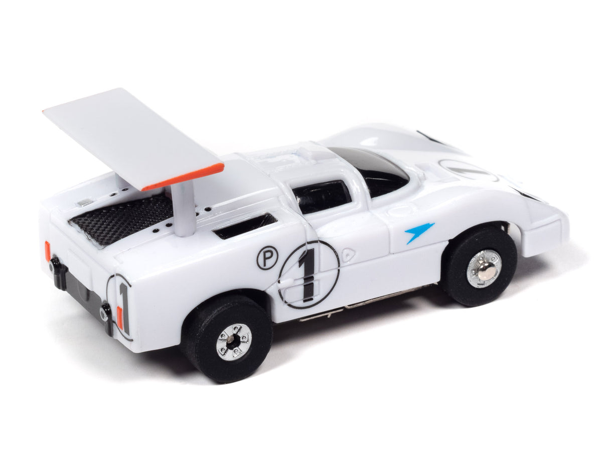 White race car model with spoiler, representing Le Mans endurance racing for Auto World SRS333