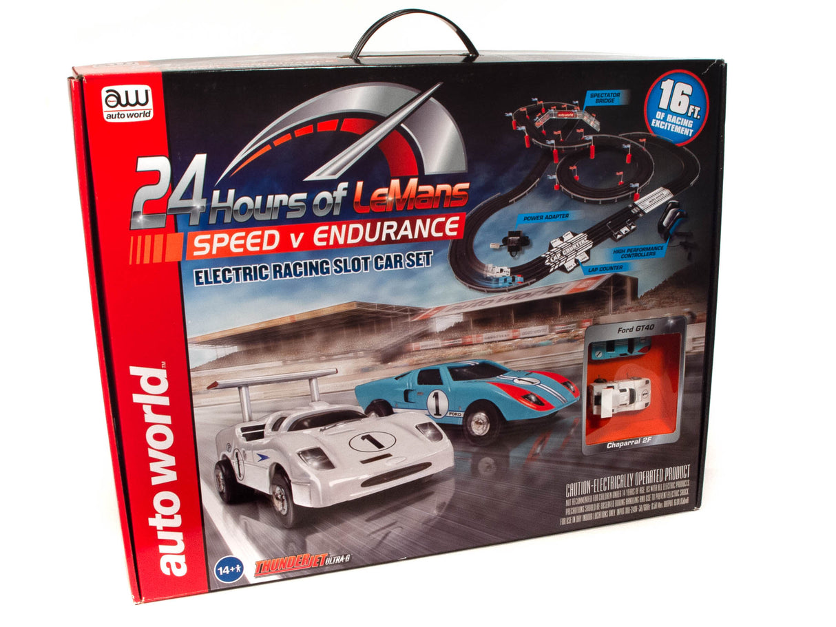 Electric racing slot car set box featuring cars and track components for Auto World SRS333
