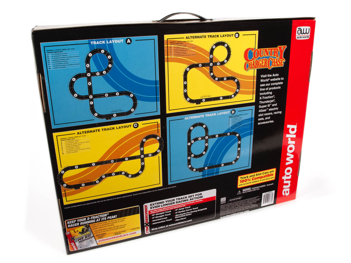 Slot car race set box showing track layouts and game components for Auto World SRS335