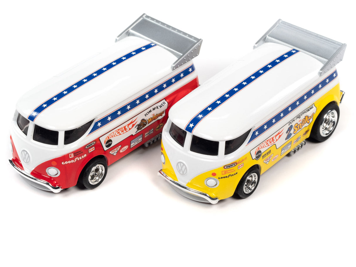 Two vintage VW drag buses, one red/white, one yellow/white, for a set for Auto World SRS340SC