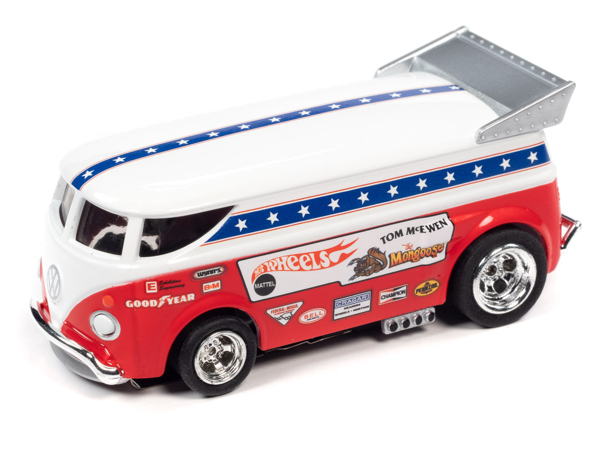 Red and white hot wheel race car toy with "Snake II vs Mongoose" branding for Auto World SRS340