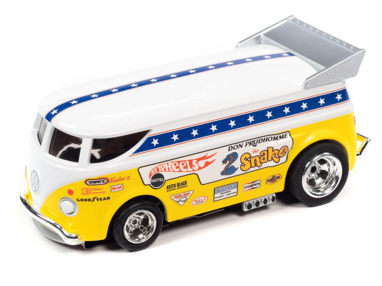 Yellow and white toy race car, "Snake II," with racing decals for Auto World SRS340