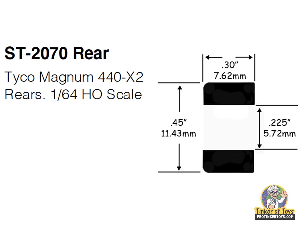 Dimensions for ST-2070 rear: 3.0" wide, 4.5" tall, 0.25" high for 1:64 Tyco Magnum 440x2 R