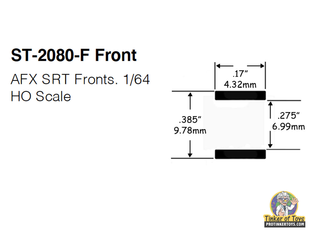Dimensions for ST-2080-F front: 0.385" x 0.17" and 0.275" x 0.432" for 1:64 AFX SRT F