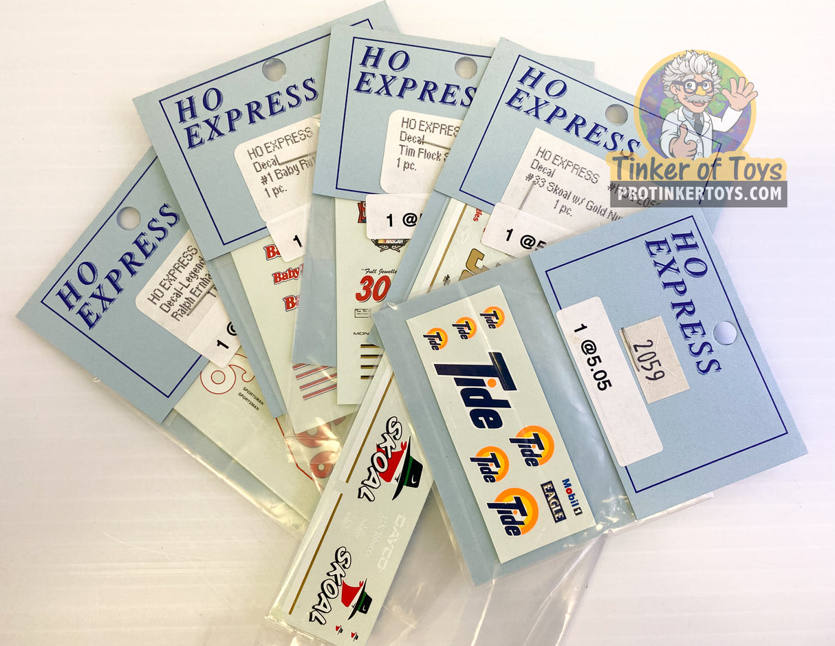 Assortment of HO Express slot car decal stickers for model racing for 2050-2059