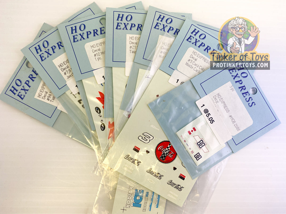 Assortment of HO Express slot car decal stickers for model railroading for 2080-2089