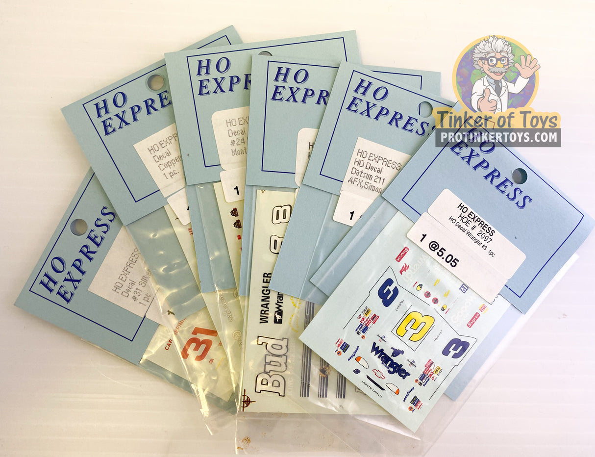 Assortment of HO Express slot car decal sticker sheets for 2090-2099
