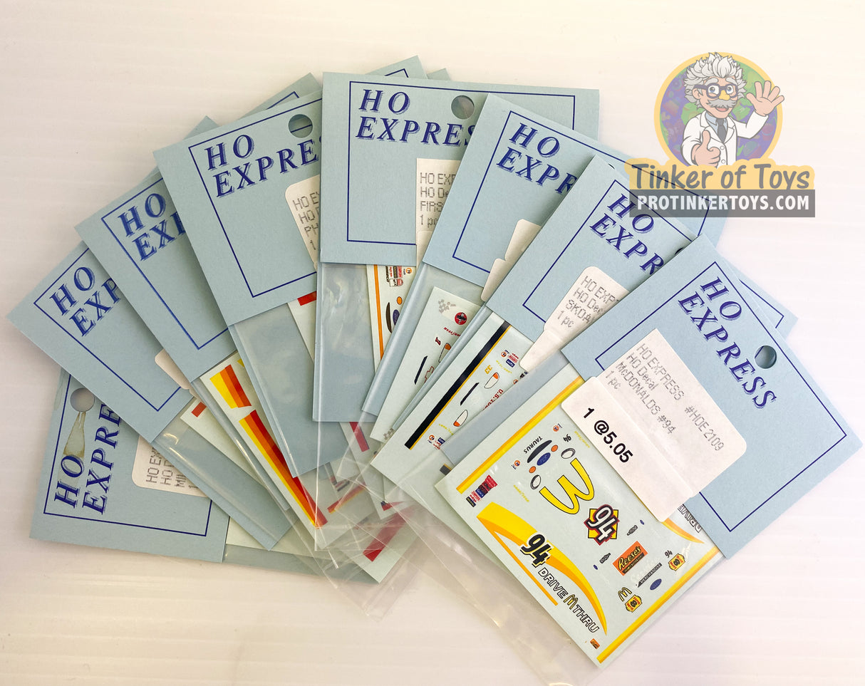 Assortment of HO Express slot car decal stickers for model railroading for 2100-2109