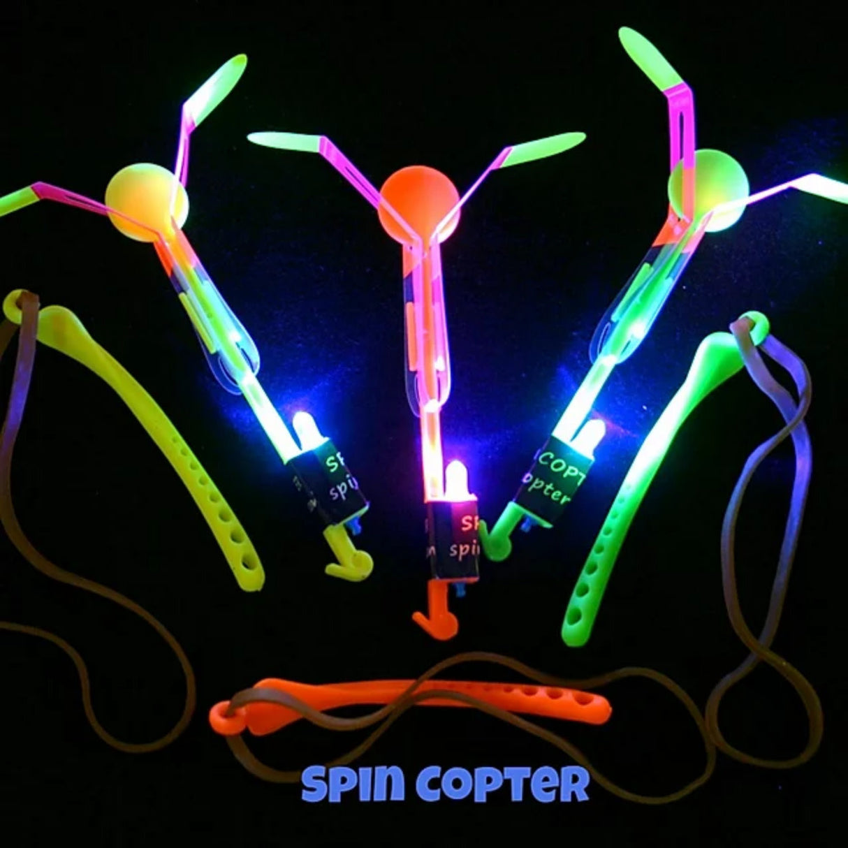 Colorful, glowing spinning toy with attached launcher and cords for Spin Copter SCD001