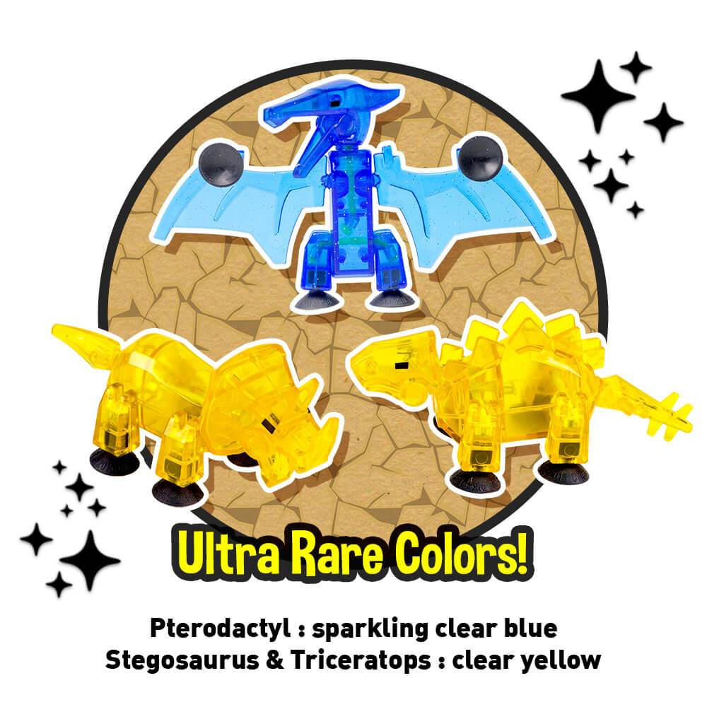 Blue Pterodactyl, yellow Stegosaurus, and Triceratops toys in clear, rare colors for Zing 90644