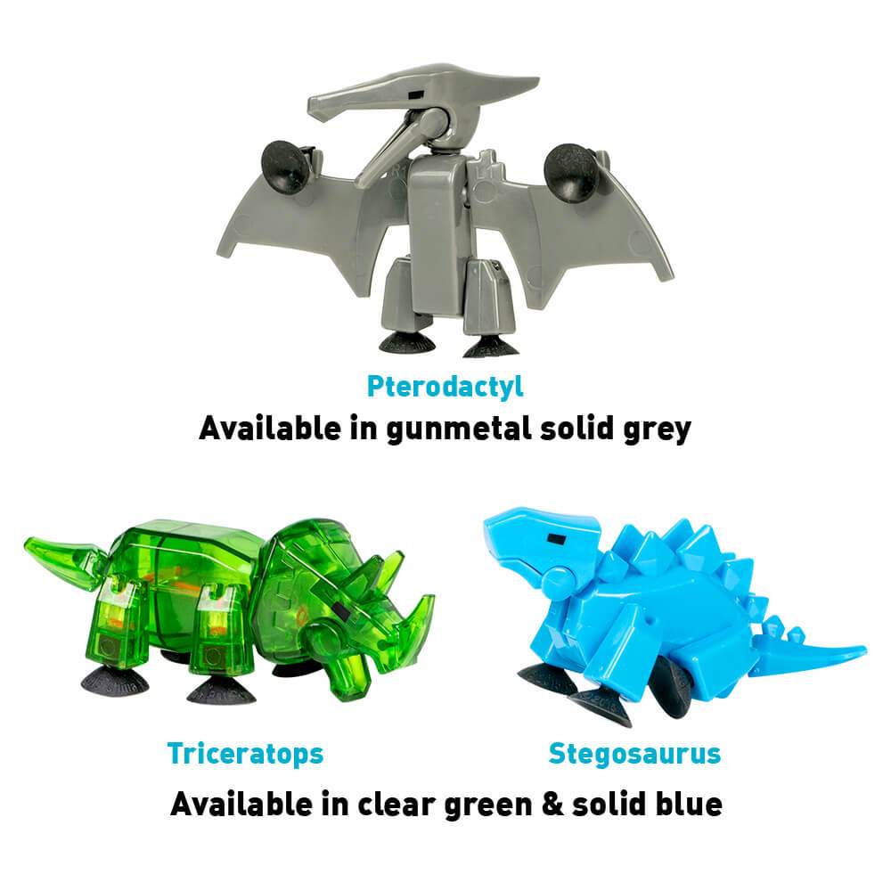 Dinosaur toys: Pterodactyl, Triceratops, and Stegosaurus in various colors for Zing 90644