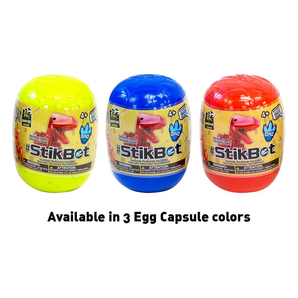 Three colored dino egg capsules: yellow, blue, and red for Zing 90644