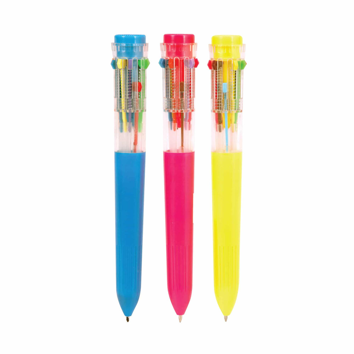 Three colored pen sets: blue, pink, and yellow, standing upright for Schylling TCP