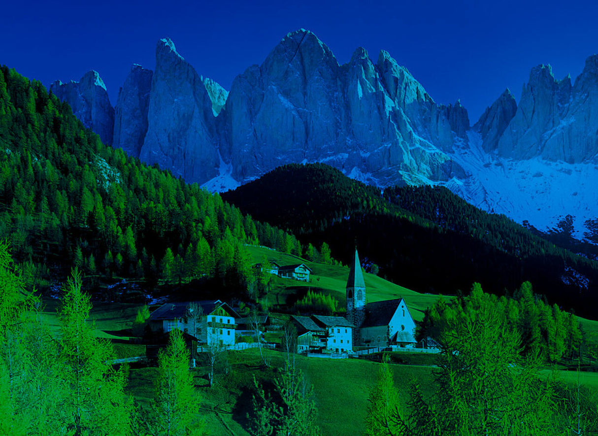 Alpine village nestled below towering, glowing blue Dolomite peaks for Tomax TOM50-054