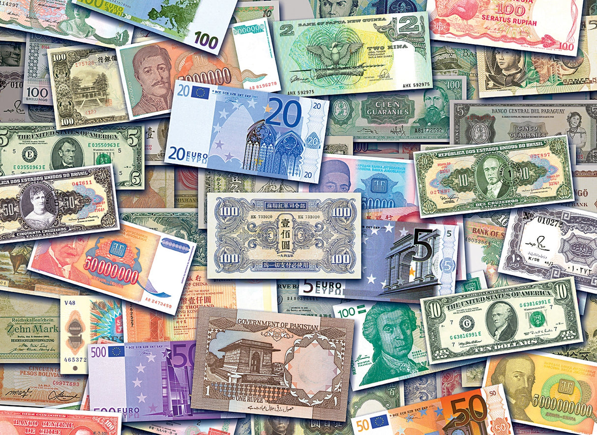 Assortment of world currency notes, showing diverse designs and denominations for Tomax TOM50-111