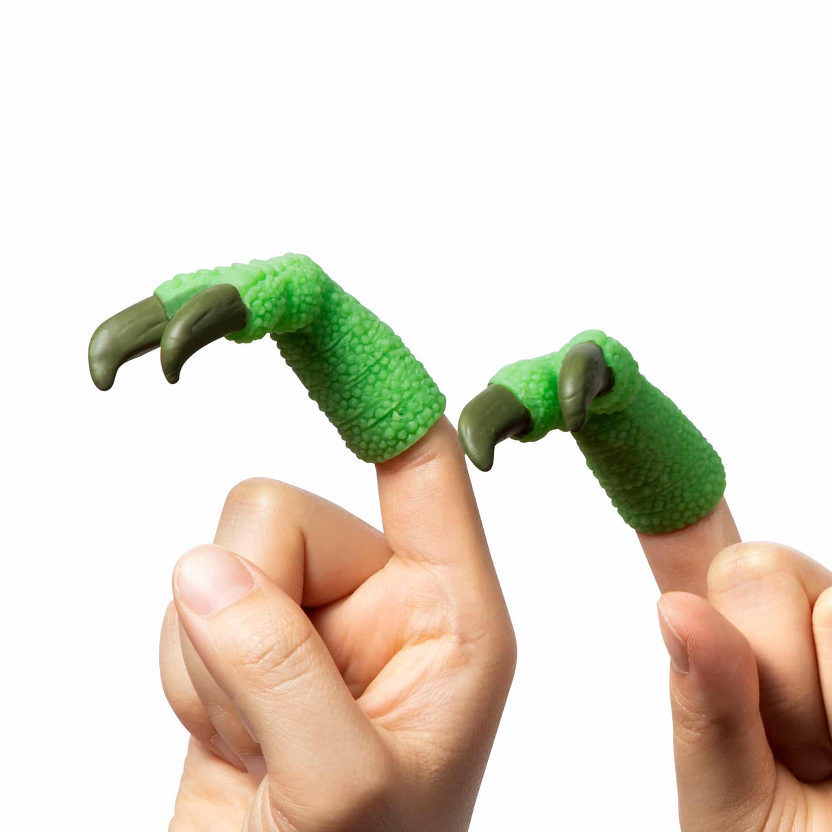 Green, toy T-Rex arms held up by hands for Schylling TTA