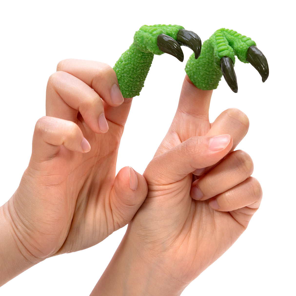 Green, textured T-Rex arms held by hands, ready for play for Schylling TTA