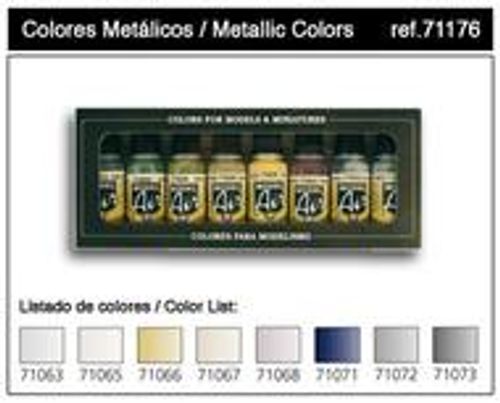 Set of 8 metallic acrylic airbrush paints in various colors for Vallejo Paints 71176
