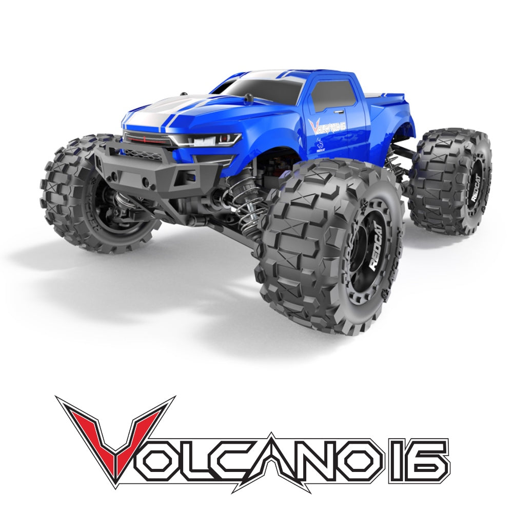 Blue monster truck with large tires and "VOLCANO16" logo for RedCAT