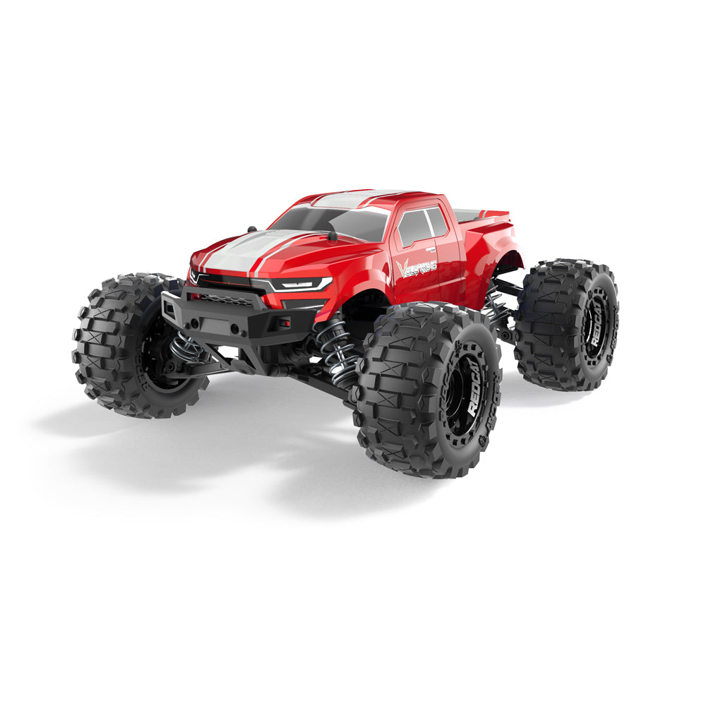 Red monster truck with large tires, ready for off-road action for RedCAT VOLCANO16