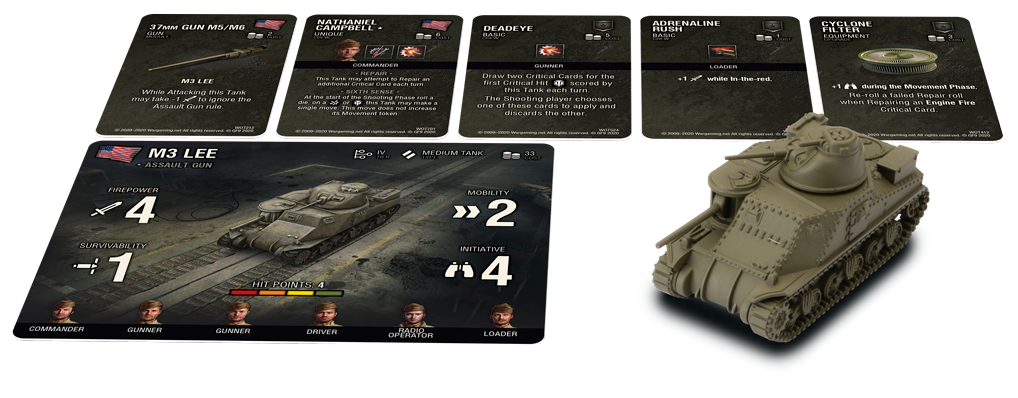 M3 Lee tank model with game cards showing stats and abilities for World of Tanks GF9-WOT03