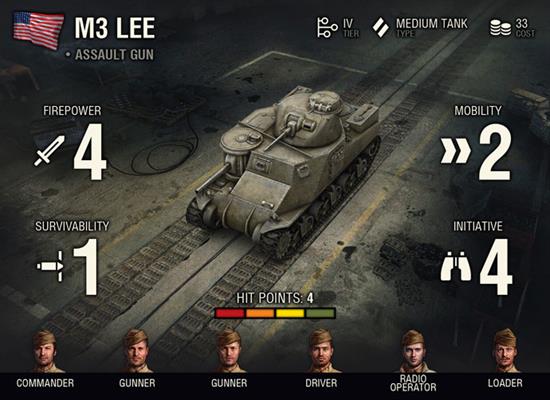 M3 Lee tank stats display: firepower 4, mobility 2, survivability 1 for World of Tanks GF9-WOT03