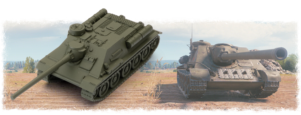 Two tanks, SU-100 and GF9, displayed side-by-side in a field setting for World of Tanks GF9-WOT04