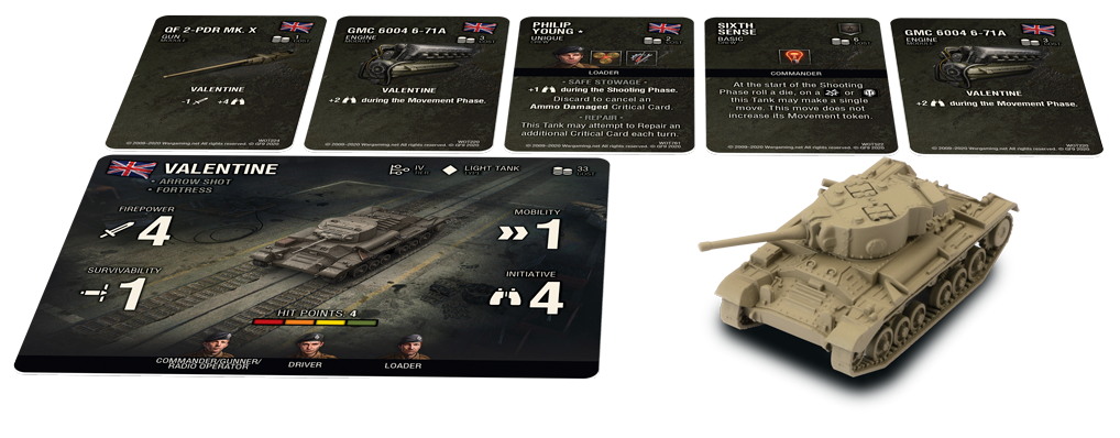Valentine tank model with game cards showing combat stats and abilities for World of Tanks GF9-WOT05