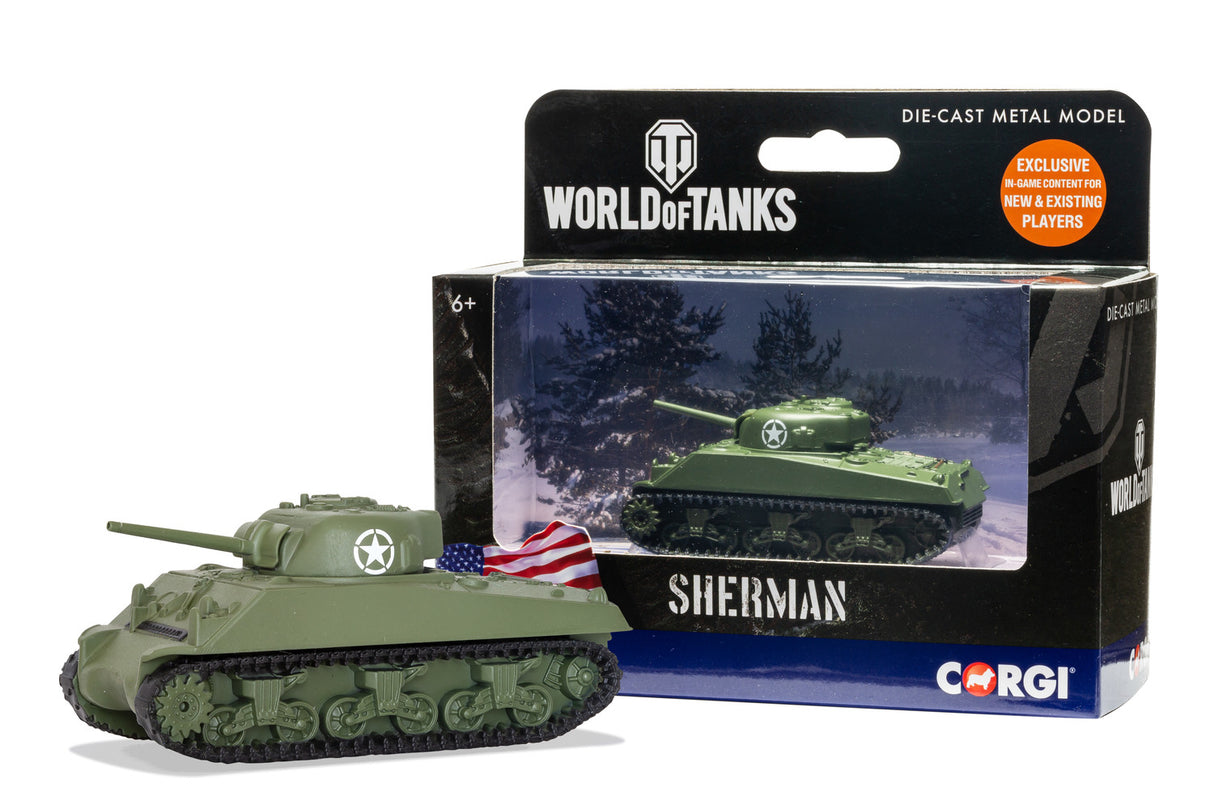 Die-cast Sherman tank model with box packaging for Corgi WT91202