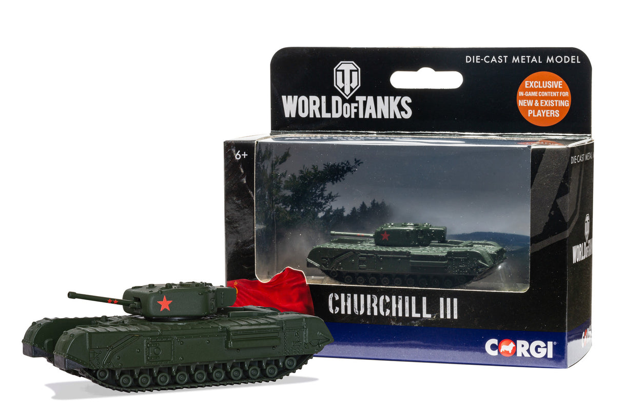 Scale model of Churchill III tank with box packaging for Corgi WT91204