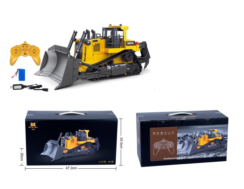 Remote-controlled bulldozer toy with yellow and black construction equipment for IMEX HUN11560