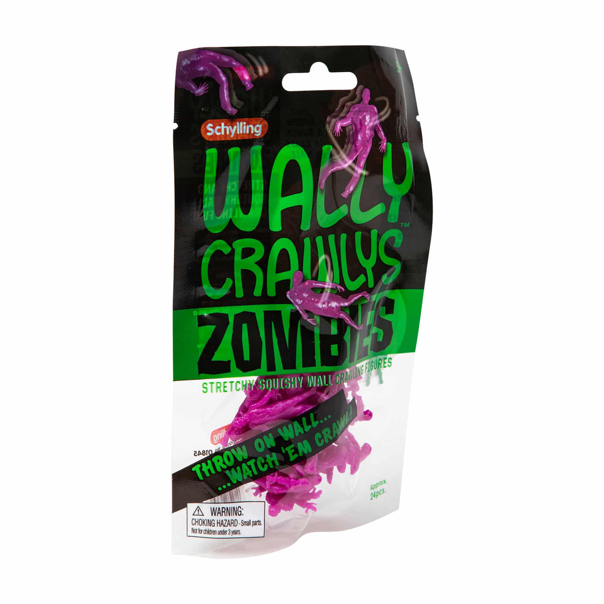 Purple, stretchy zombie crawly figures in a clear plastic package for Schylling ZWC