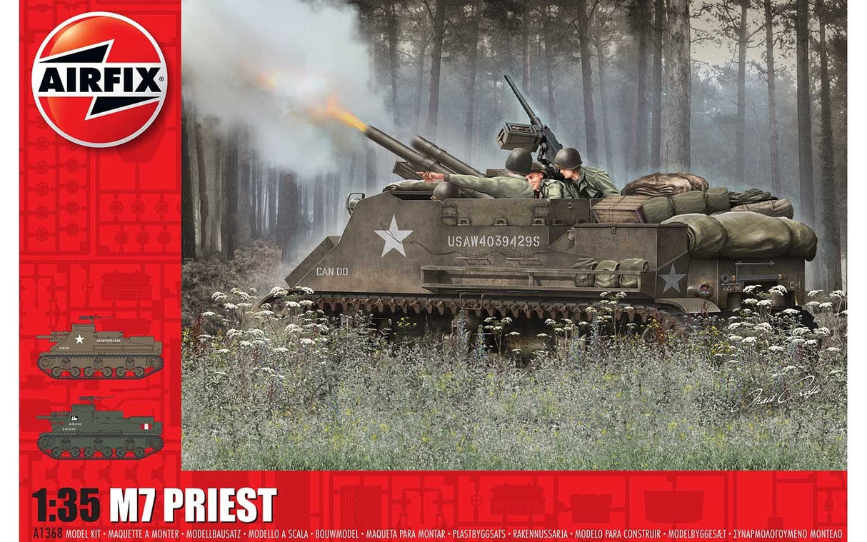M7 Priest self-propelled gun firing in a wooded area for Airfix A1368