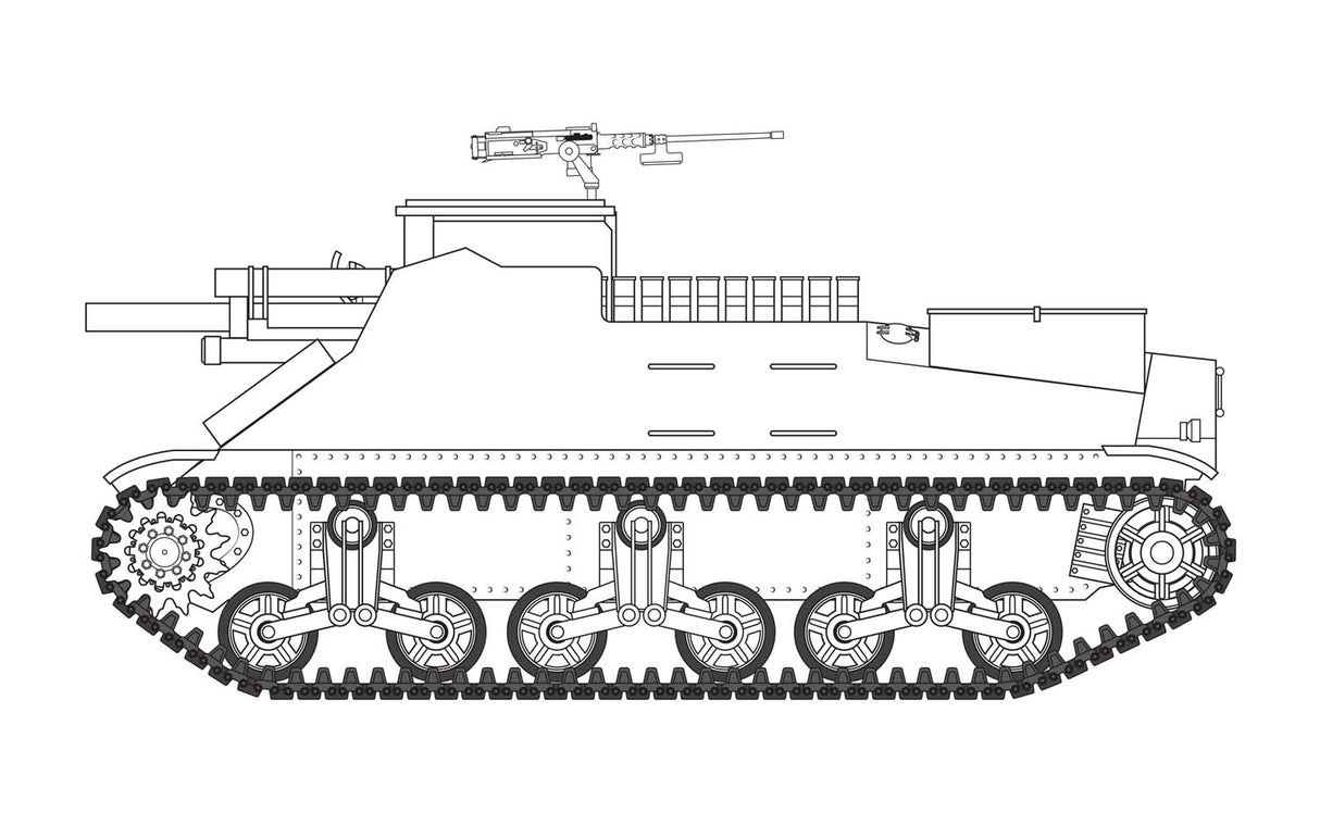 Line drawing of an M7 Priest self-propelled artillery piece model kit for Airfix A1368