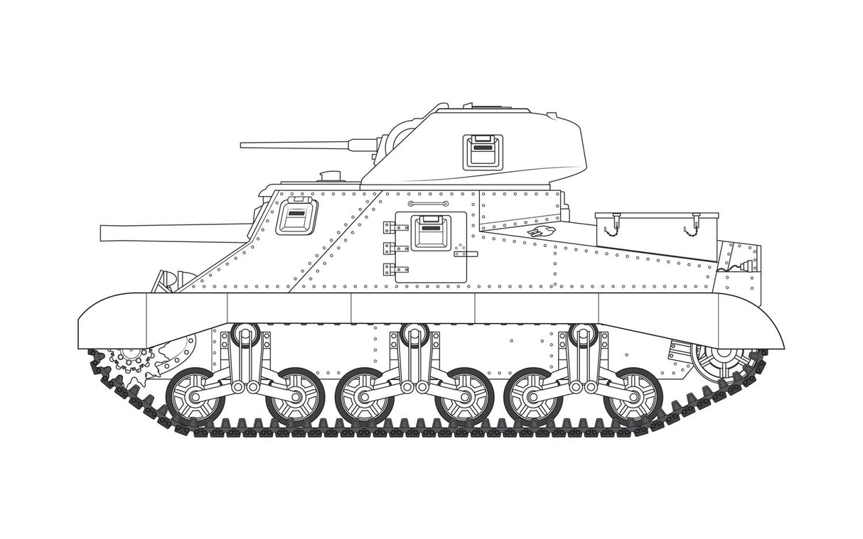 Line drawing of an M3 Lee/Grant tank model kit for Airfix A1370