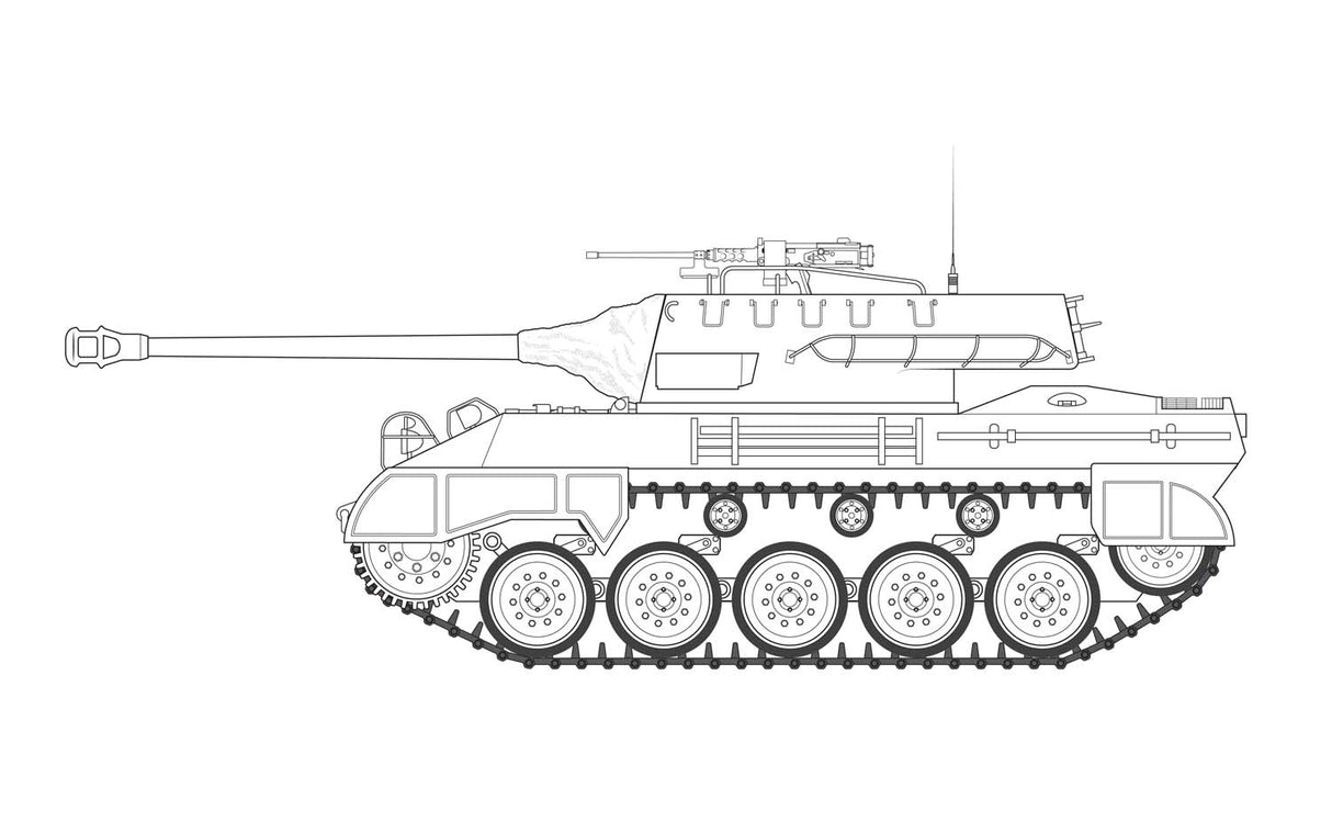 Line drawing of an M-18 Hellcat tank model kit for Airfix A1371