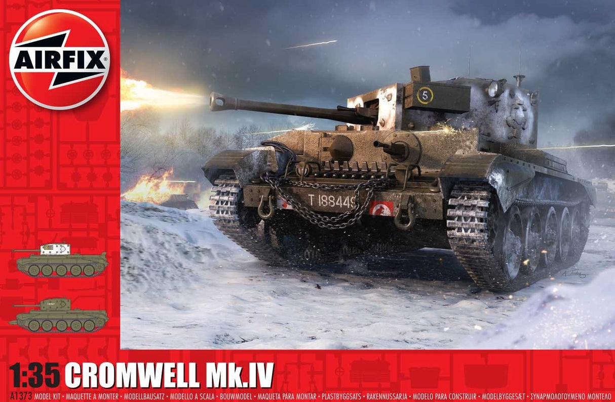 Cromwell Mk.IV tank in snowy, action-packed diorama setting for Airfix A1373