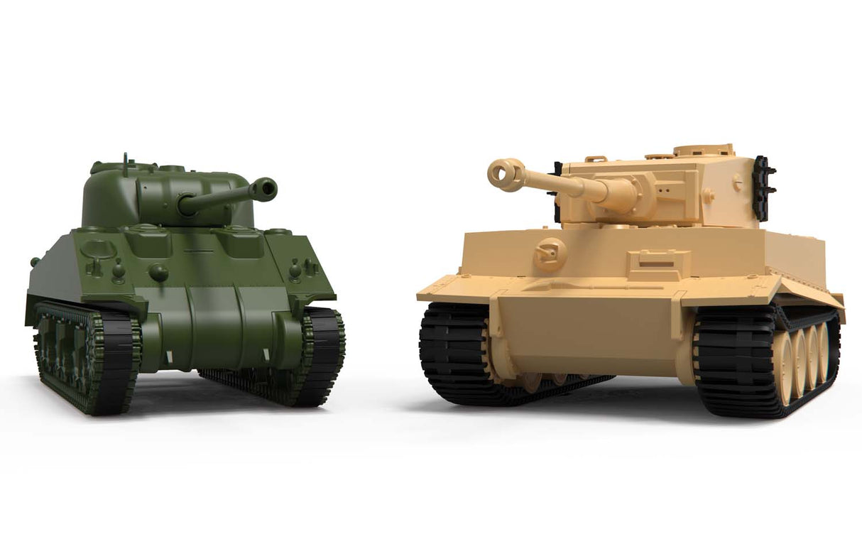 German Tiger 1 tank next to a British Sherman Firefly tank model for Airfix A50186