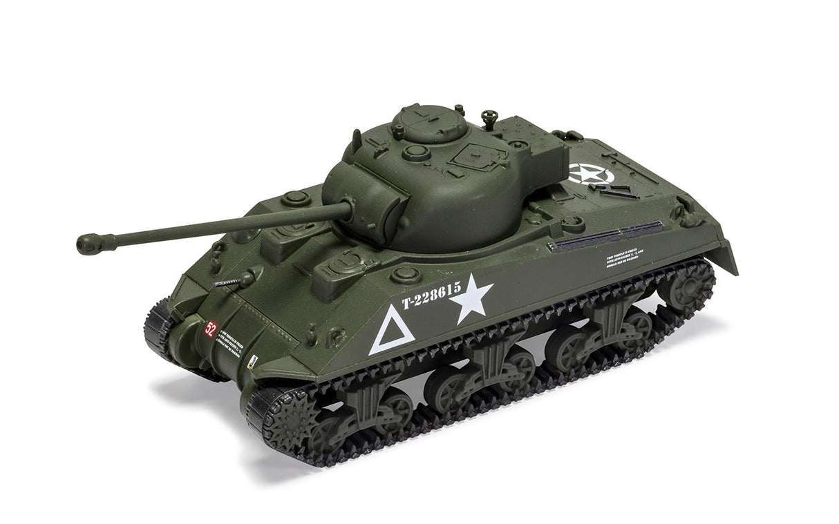 Model tank kit, Sherman Firefly, dark green with markings for Airfix A55003, front view