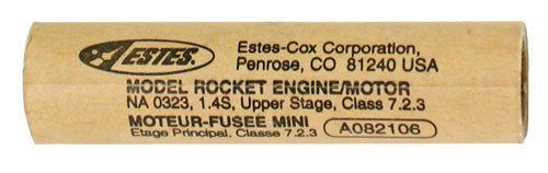 Rocket engine motor label: Model Rocket Engine/Motor NA 0323, 1.4S, Upper Stage, Class 7.2.3 for Estes 1781