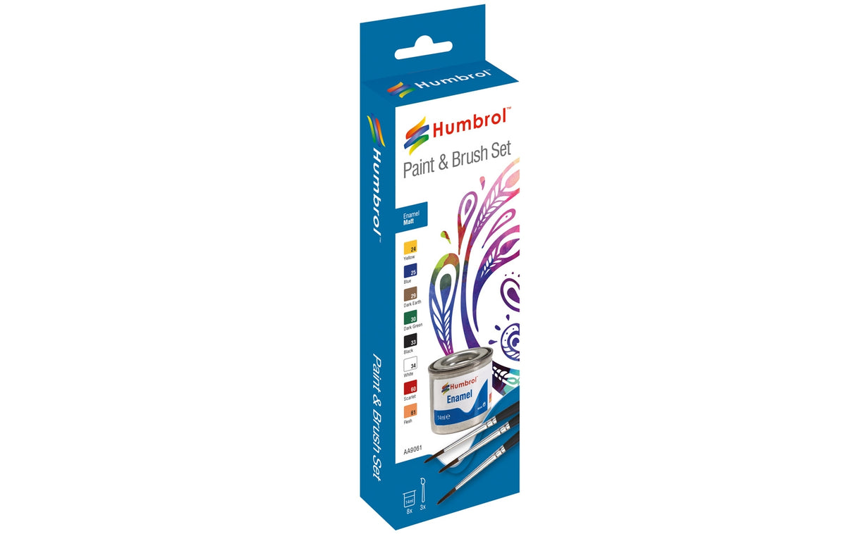 Paint and brush set with enamel paint colors and brushes for Humbrol AA9061