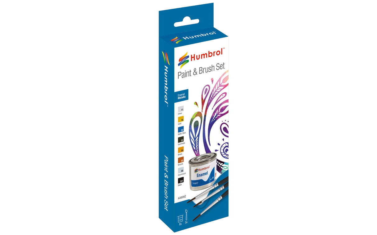 Metallic enamel paint and brush set for crafting and hobby use for Humbrol AA9062
